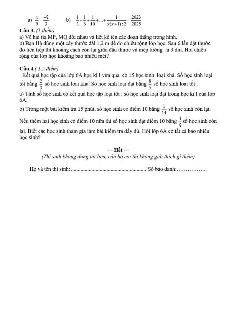 Đề thi Giữa kì 2 Toán 6 trường THCS Quỳnh Xuân (Nghệ An) năm 2023-2024