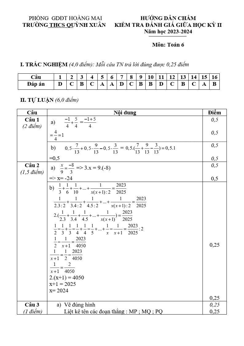 Đề thi Giữa kì 2 Toán 6 trường THCS Quỳnh Xuân (Nghệ An) năm 2023-2024