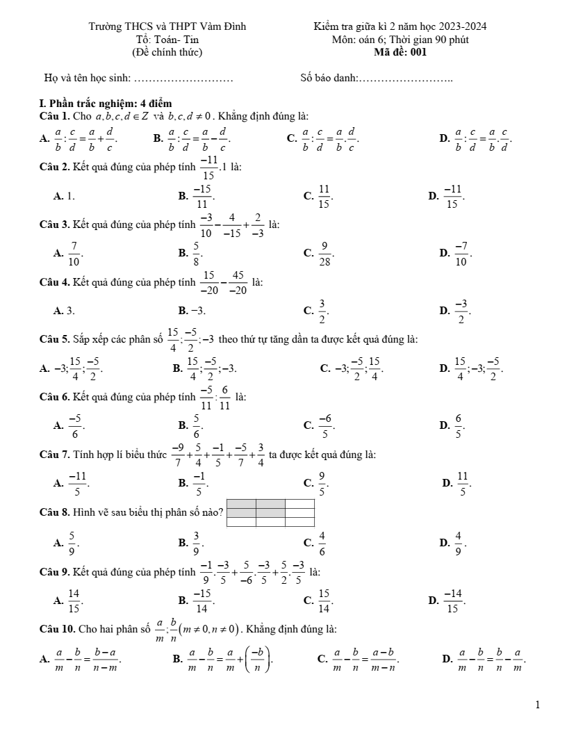 Đề thi Giữa kì 2 Toán 6 trường THCS&THPT Vàm Đình (Cà Mau) năm 2023-2024