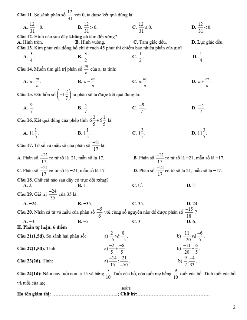 Đề thi Giữa kì 2 Toán 6 trường THCS&THPT Vàm Đình (Cà Mau) năm 2023-2024