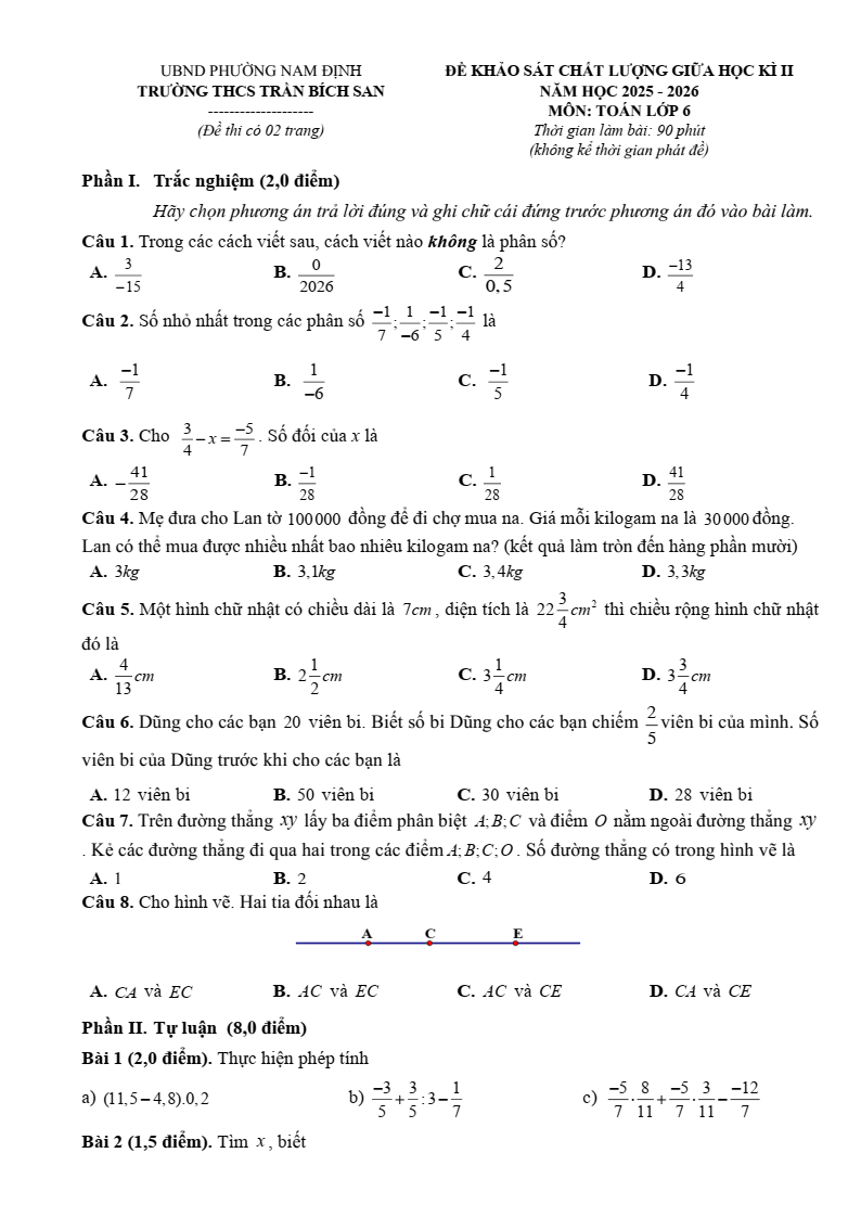 Đề thi Giữa kì 2 Toán 6 trường THCS Trần Bích San (Ninh Bình) năm 2025-2026