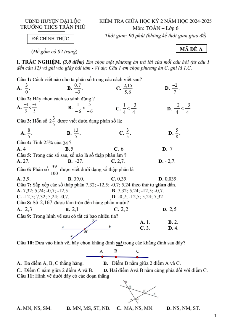 Đề thi Giữa kì 2 Toán 6 trường THCS Trần Phú (Quảng Nam) năm 2024-2025