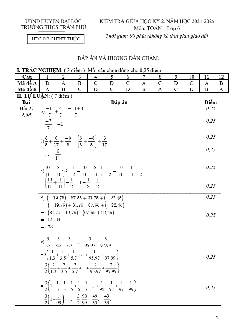Đề thi Giữa kì 2 Toán 6 trường THCS Trần Phú (Quảng Nam) năm 2024-2025