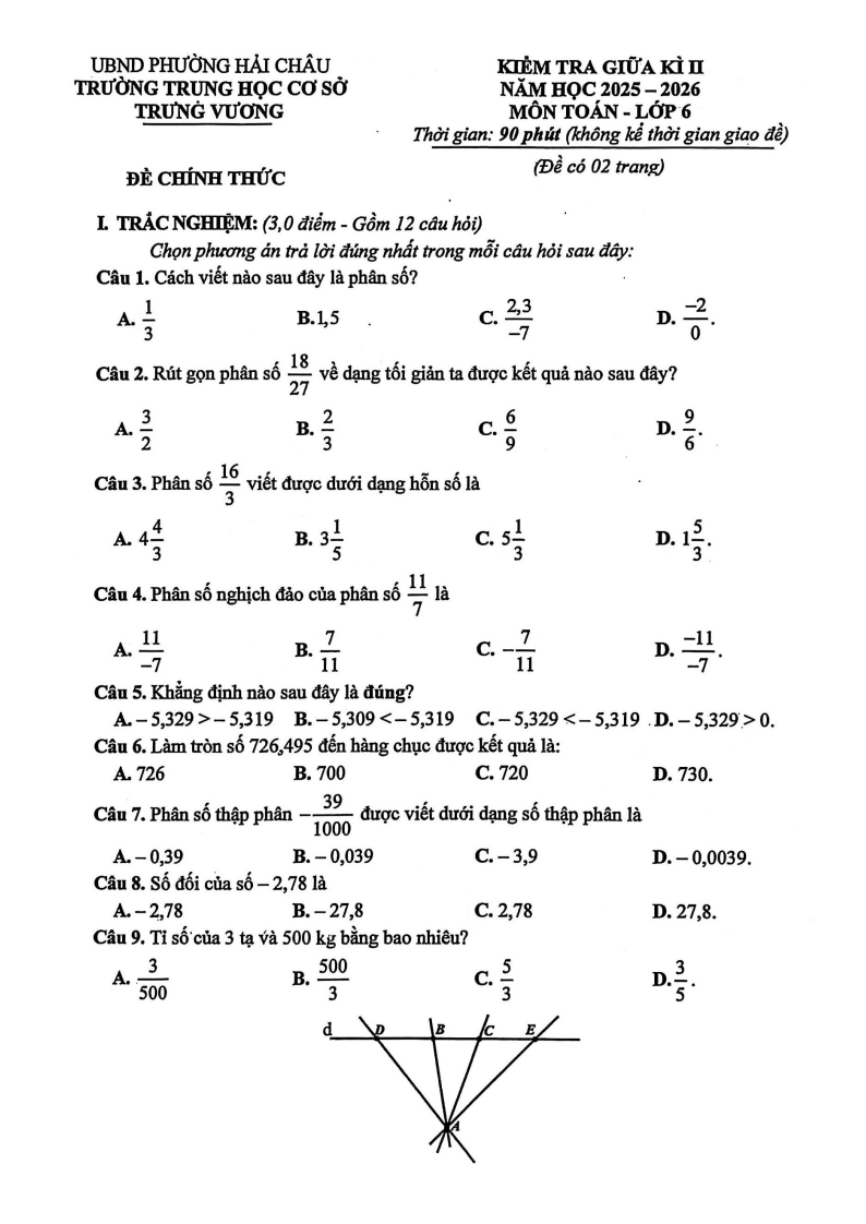 Đề thi Giữa kì 2 Toán 6 trường THCS Trưng Vương (Đà Nẵng) năm 2025-2026