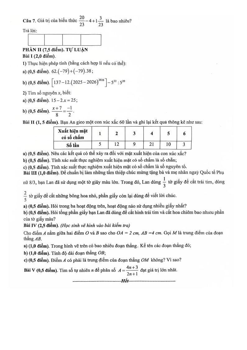 Đề thi Giữa kì 2 Toán 6 trường THCS và THPT M.V. Lômônôxốp (Hà Nội) năm 2025-2026