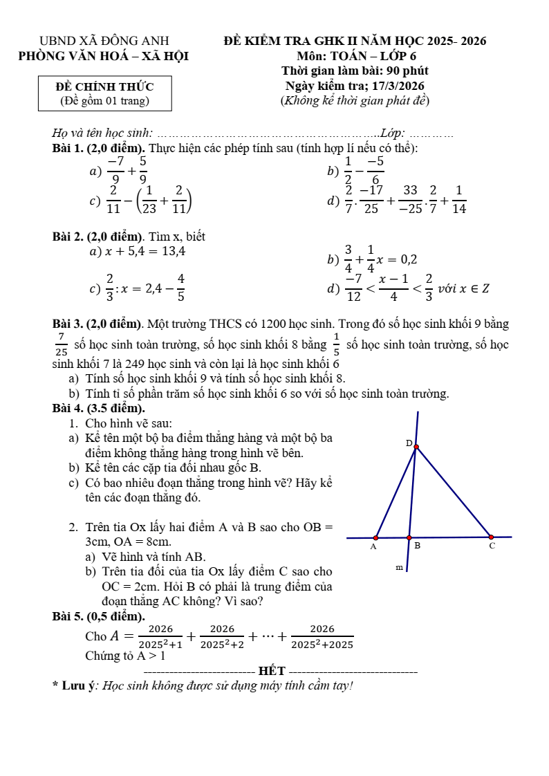 Đề thi Giữa kì 2 Toán 6 xã Đông Anh (Hà Nội) năm 2025-2026