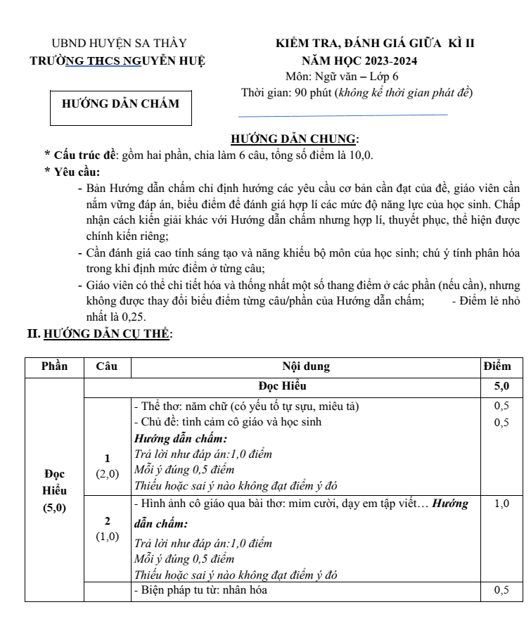 Đề thi Giữa kì 2 Văn 6 năm 2023-2024 trường THCS Nguyễn Huệ (Kon Tum)
