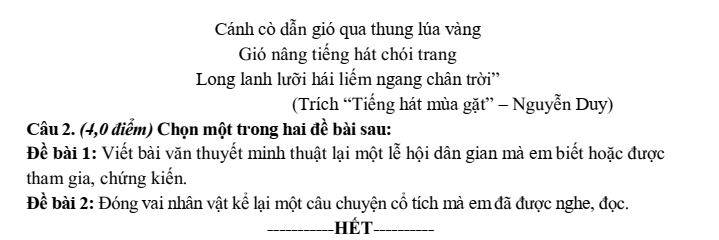 Đề thi Giữa kì 2 Văn 6 năm 2024-2025 trường THCS Nội Duệ (Bắc Ninh)