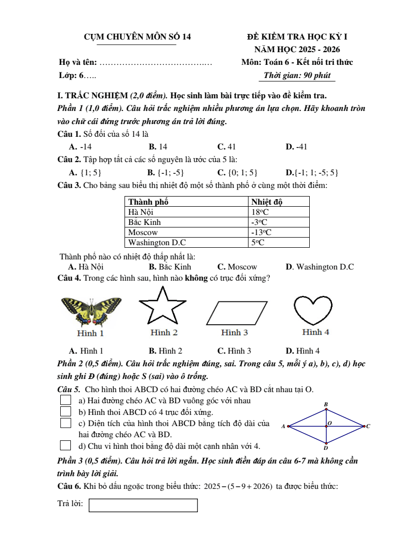 Đề thi Học kì 1 Toán 6 cụm chuyên môn số 14 Hà Nội năm 2025-2026