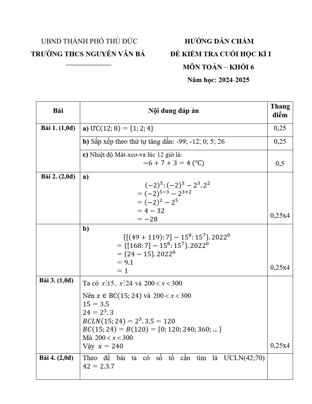 Đề thi Học kì 1 Toán 6 năm 2025 Trường THCS Nguyễn Văn Bá