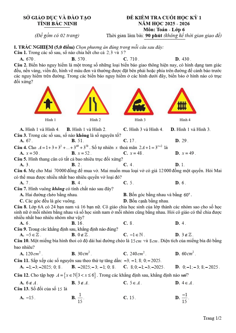 Đề thi Học kì 1 Toán 6 sở GD&ĐT Bắc Ninh năm 2025-2026