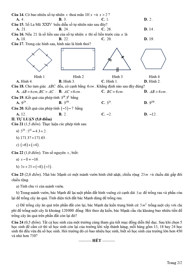 Đề thi Học kì 1 Toán 6 sở GD&ĐT Bắc Ninh năm 2025-2026