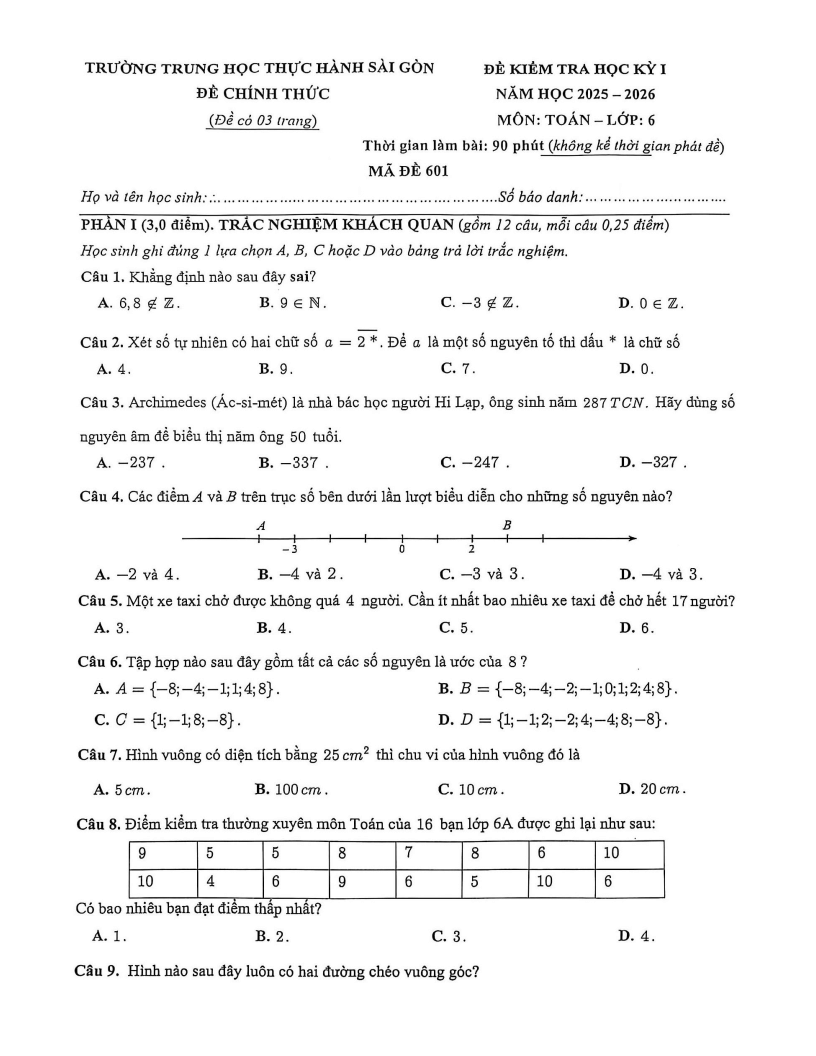 Đề thi Học kì 1 Toán 6 trường Thực hành Sài Gòn (Tp.HCM) năm 2025-2026