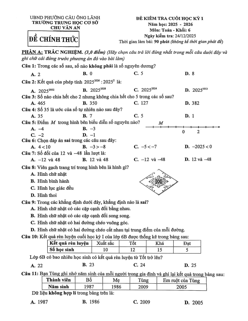 Đề thi Học kì 1 Toán 6 trường THCS Chu Văn An (Tp.HCM) năm 2025-2026