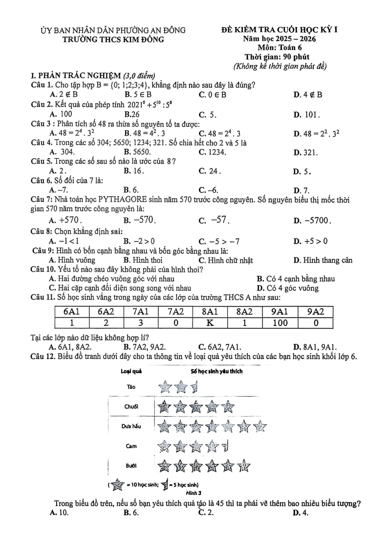 Đề thi Học kì 1 Toán 6 trường THCS Kim Đồng (Tp.HCM) năm 2025-2026