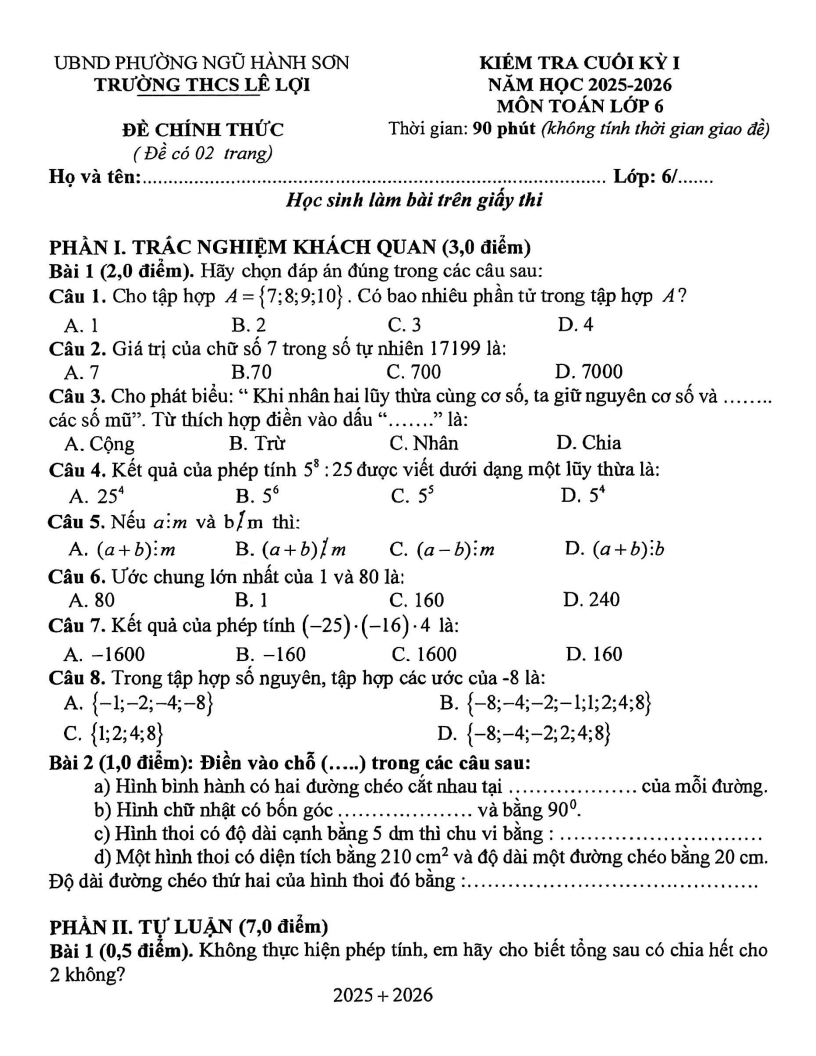 Đề thi Học kì 1 Toán 6 trường THCS Lê Lợi (Đà Nẵng) năm 2025-2026