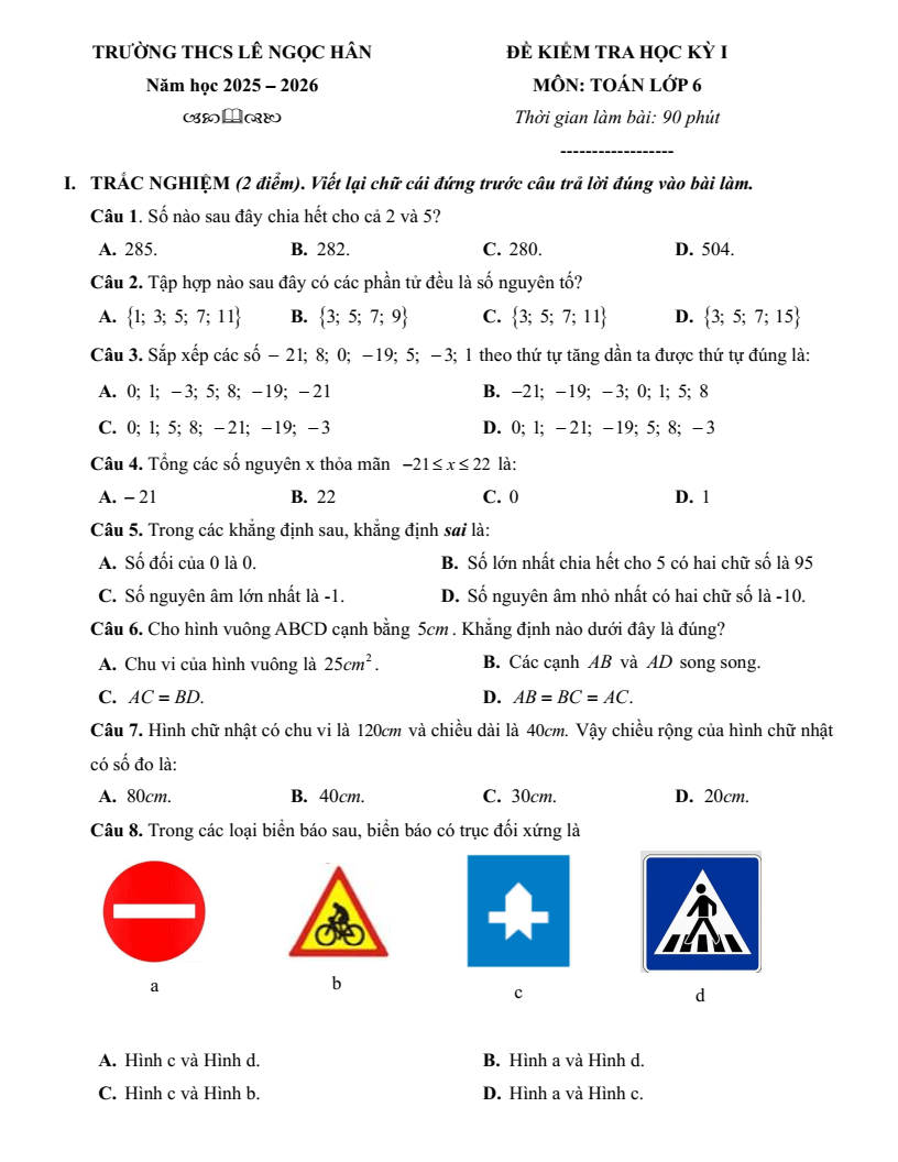 Đề thi Học kì 1 Toán 6 trường THCS Lê Ngọc Hân (Hà Nội) năm 2025-2026