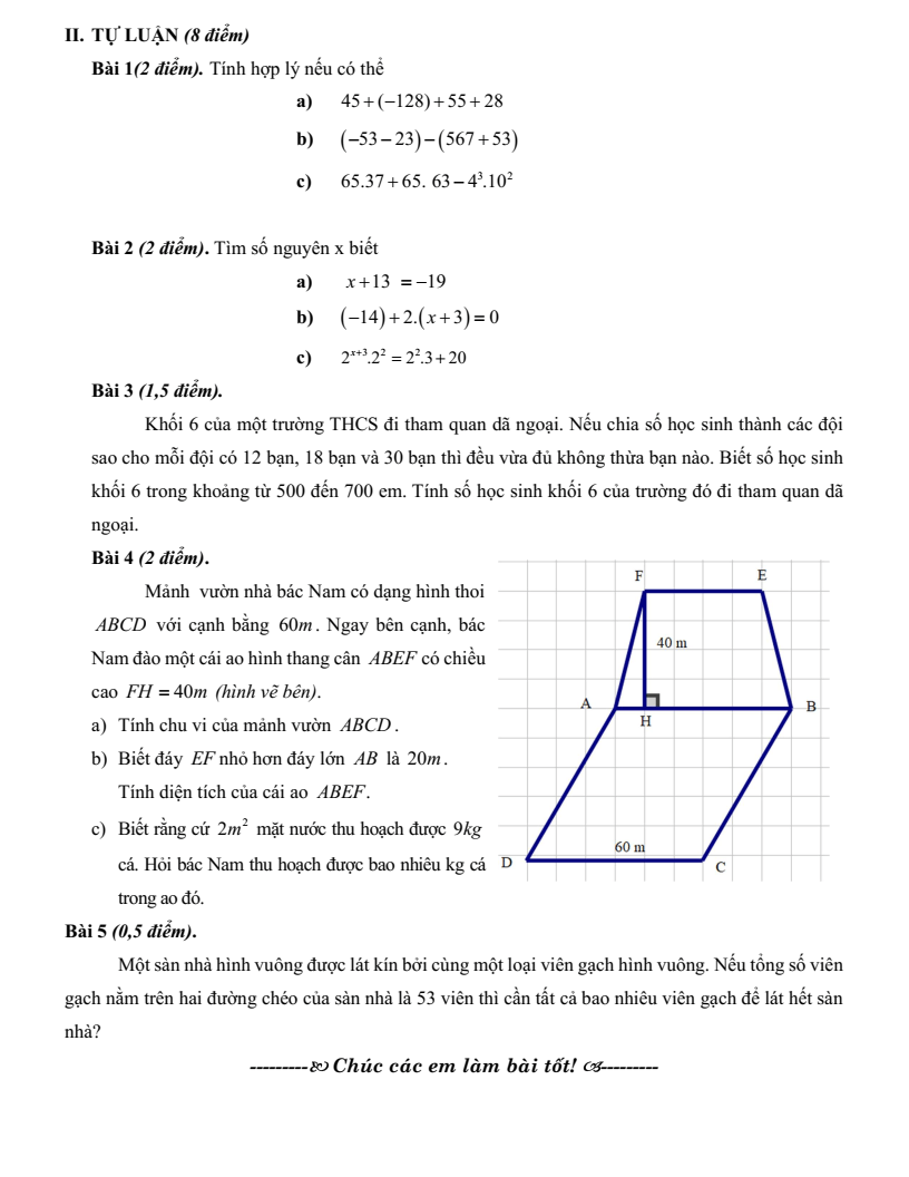 Đề thi Học kì 1 Toán 6 trường THCS Lê Ngọc Hân (Hà Nội) năm 2025-2026
