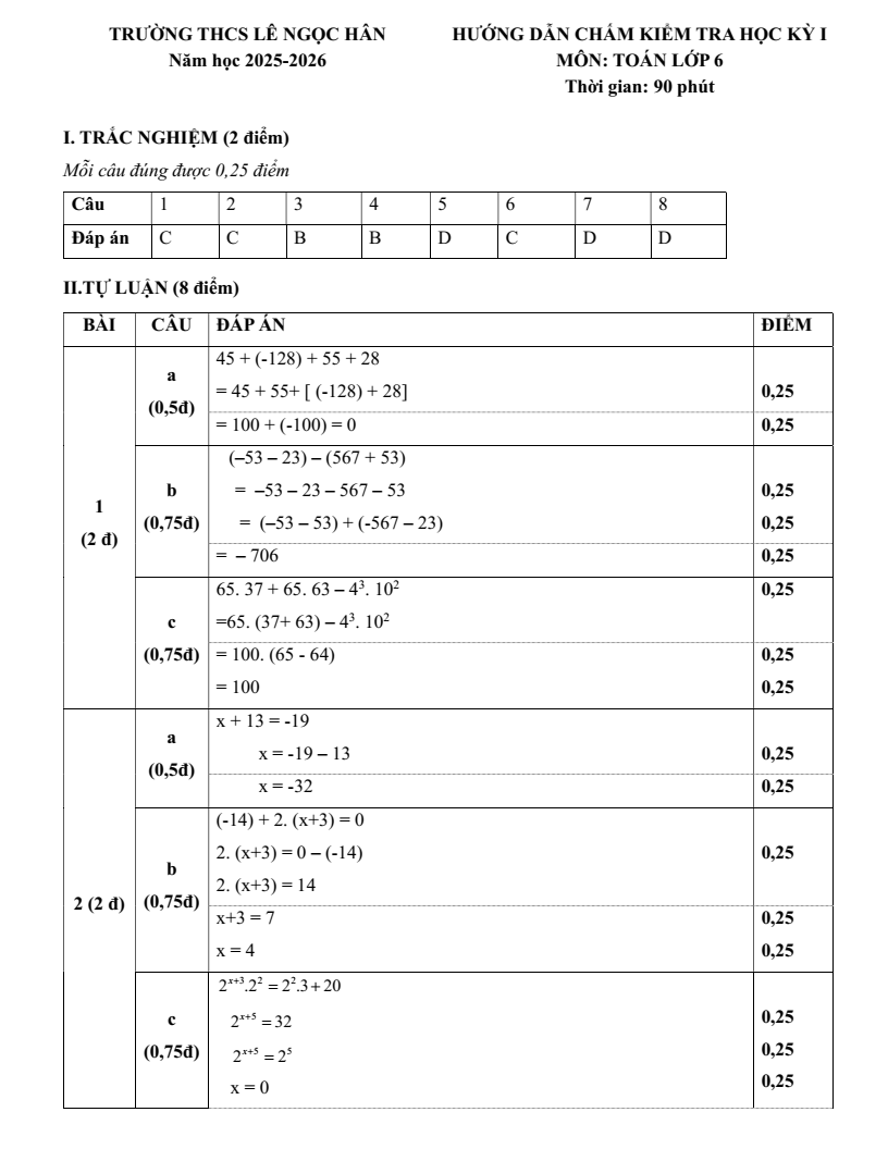 Đề thi Học kì 1 Toán 6 trường THCS Lê Ngọc Hân (Hà Nội) năm 2025-2026