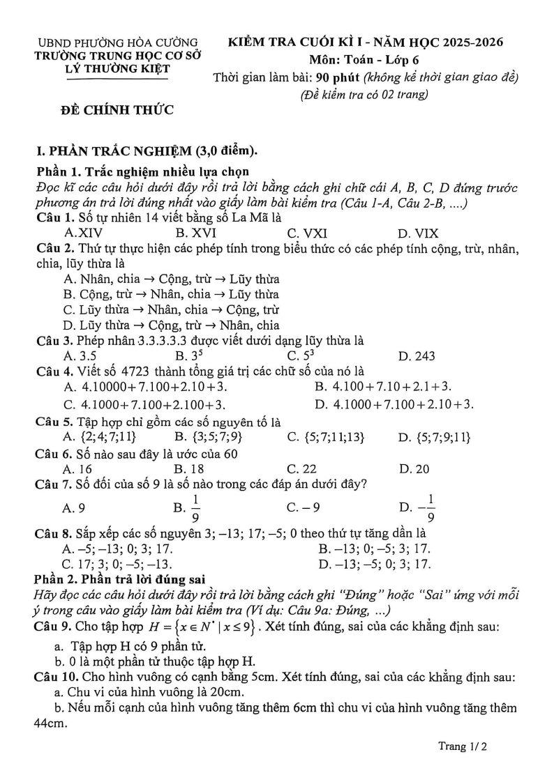 Đề thi Học kì 1 Toán 6 trường THCS Lý Thường Kiệt (Đà Nẵng) năm 2025-2026