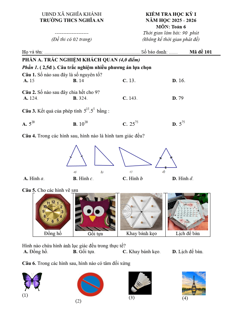 Đề thi Học kì 1 Toán 6 trường THCS Nghĩa An (Nghệ An) năm 2025-2026