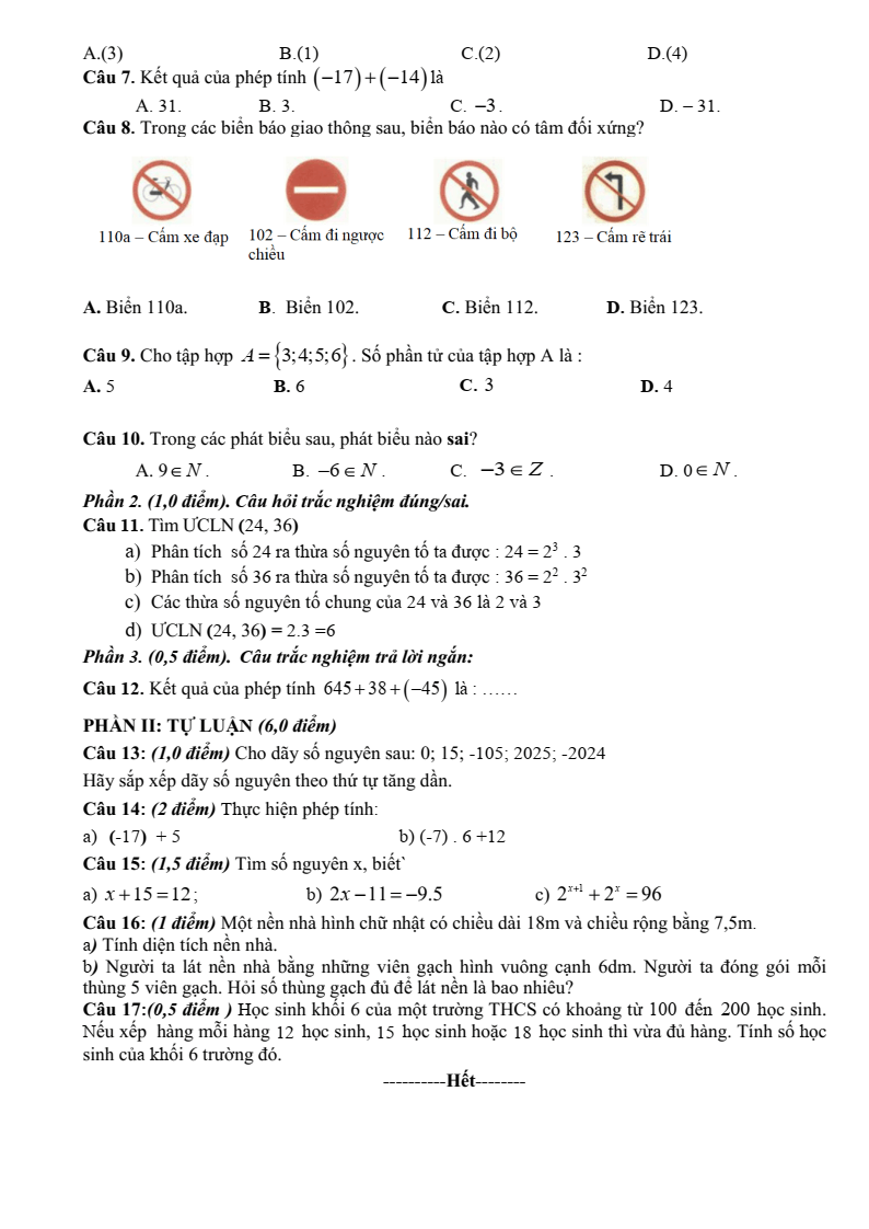 Đề thi Học kì 1 Toán 6 trường THCS Nghĩa An (Nghệ An) năm 2025-2026