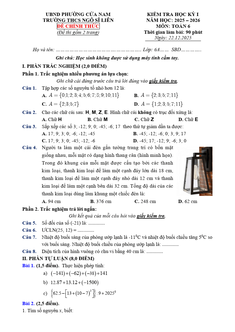 Đề thi Học kì 1 Toán 6 trường THCS Ngô Sĩ Liên (Hà Nội) năm 2025-2026
