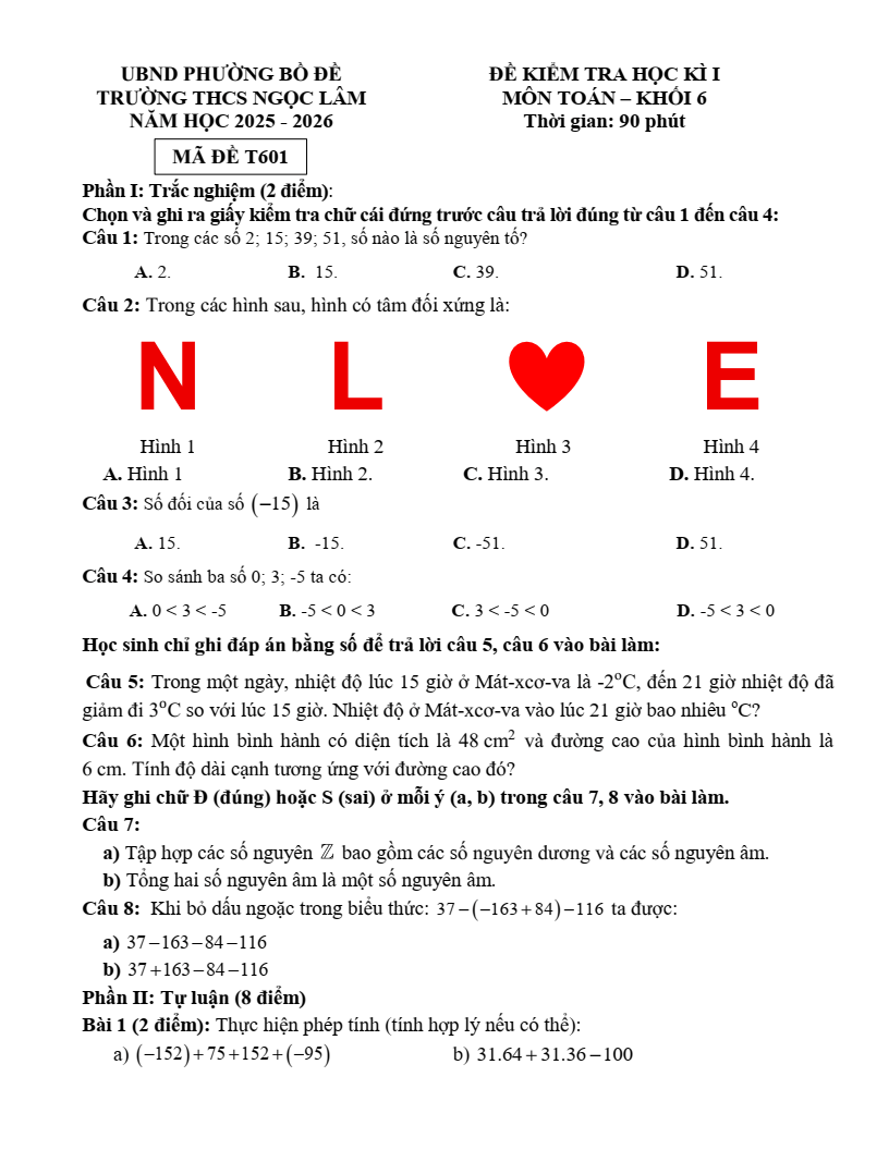 Đề thi Học kì 1 Toán 6 trường THCS Ngọc Lâm (Hà Nội) năm 2025-2026
