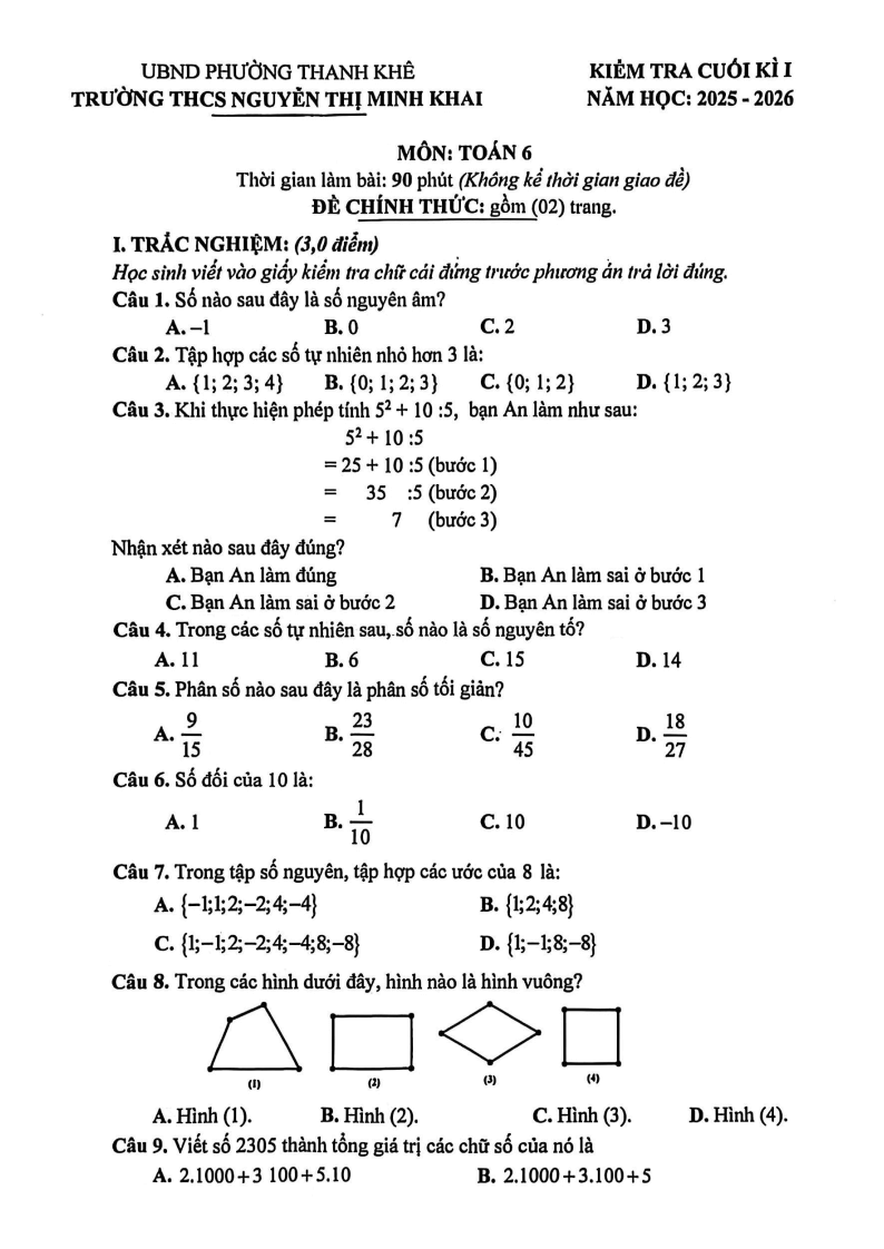 Đề thi Học kì 1 Toán 6 trường THCS Nguyễn Thị Minh Khai (Đà Nẵng) năm 2025-2026