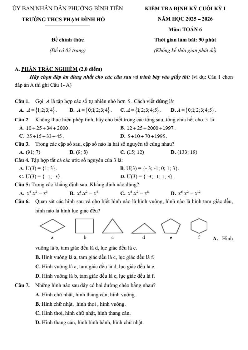 Đề thi Học kì 1 Toán 6 trường THCS Phạm Đình Hổ (Tp. HCM) năm 2025-2026