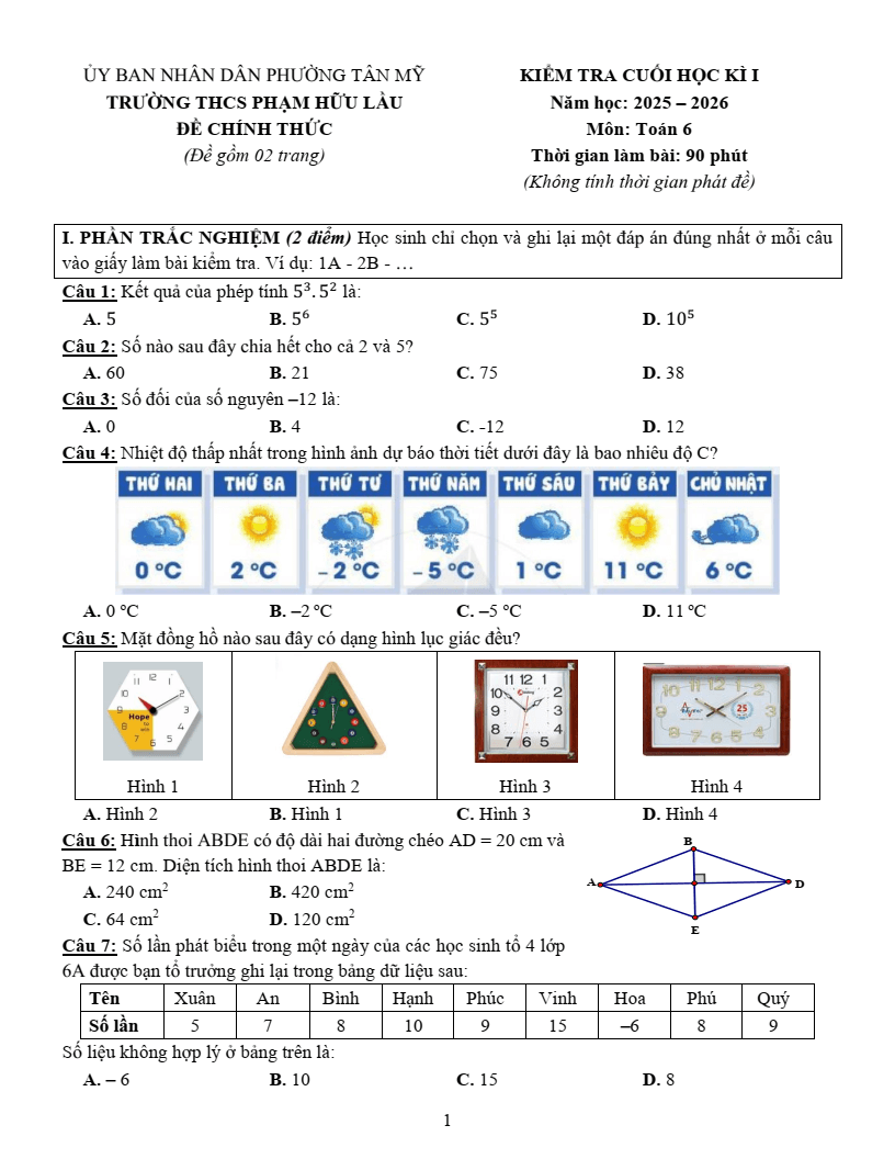 Đề thi Học kì 1 Toán 6 trường THCS Phạm Hữu Lầu (Tp. HCM) năm 2025-2026