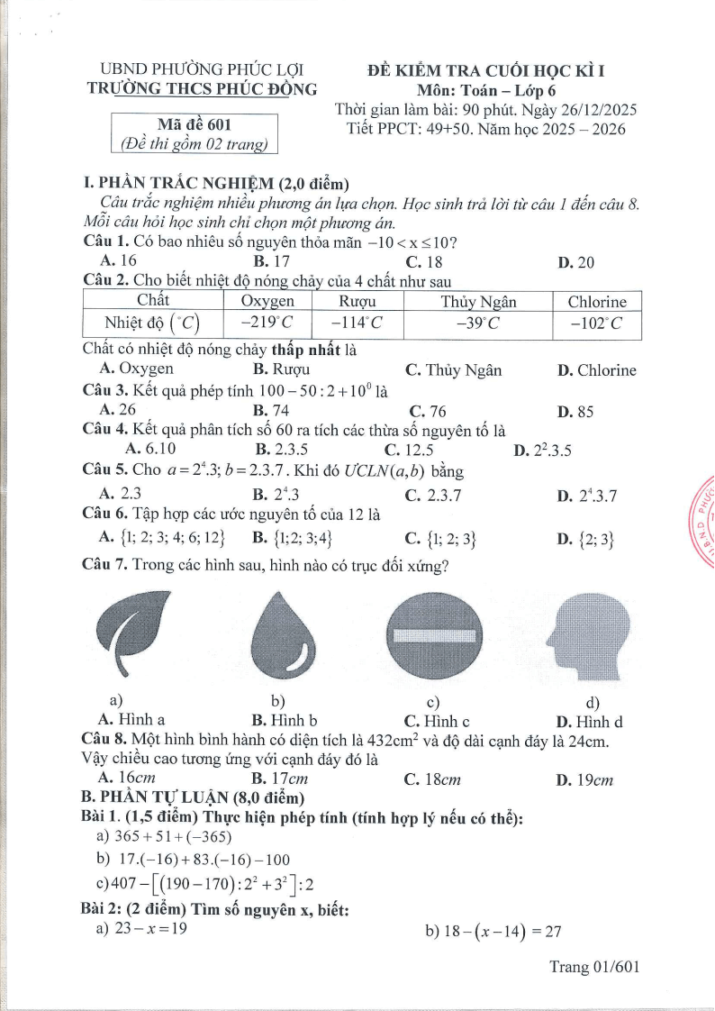 Đề thi Học kì 1 Toán 6 trường THCS Phúc Đồng (Hà Nội) năm 2025-2026