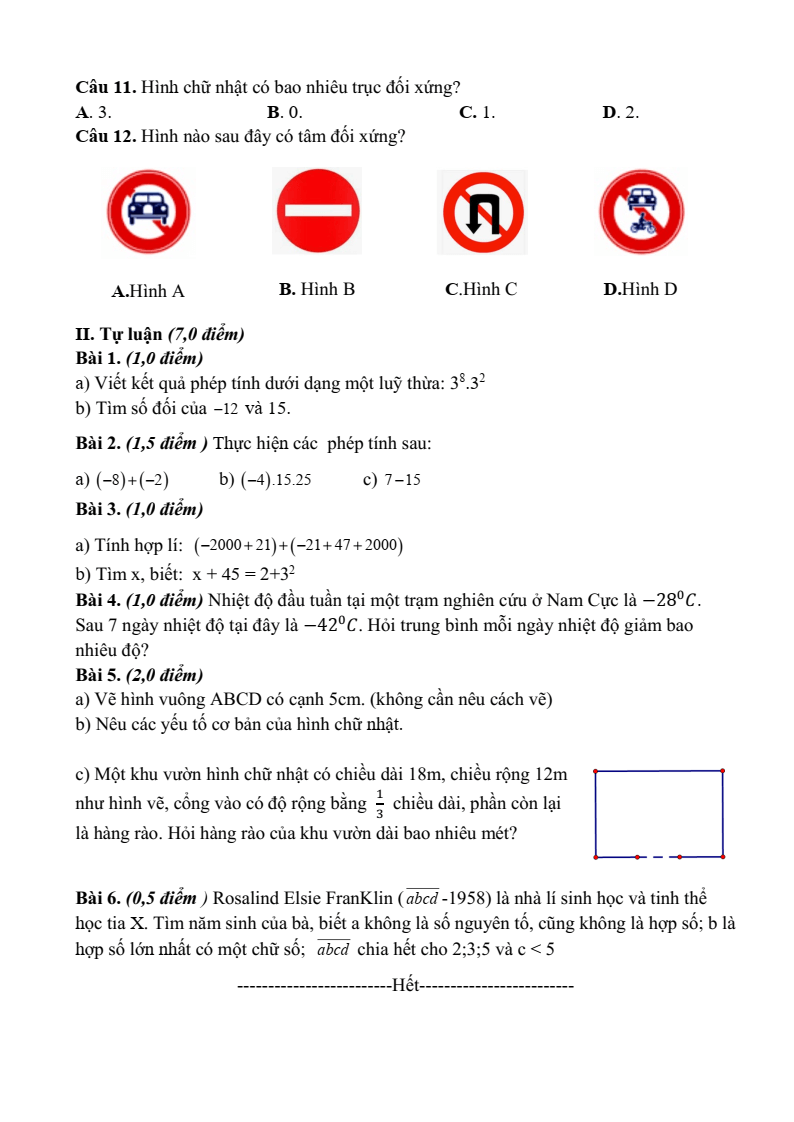 Đề thi Học kì 1 Toán 6 trường THCS Trần Quý Cáp (Đà Nẵng) năm 2025-2026