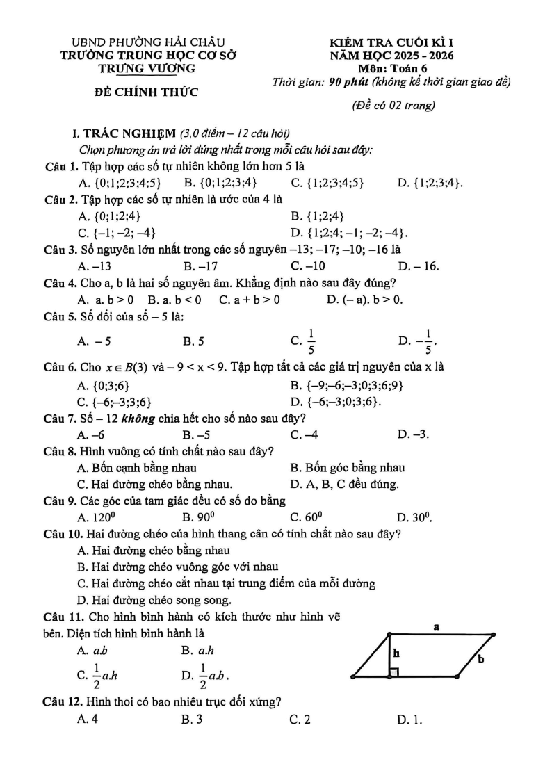 Đề thi Học kì 1 Toán 6 trường THCS Trưng Vương (Đà Nẵng) năm 2025-2026