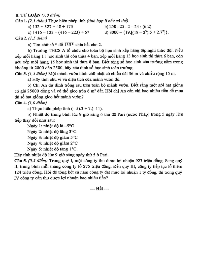 Đề thi Học kì 1 Toán 6 trường THCS Trưng Vương (Đà Nẵng) năm 2025-2026