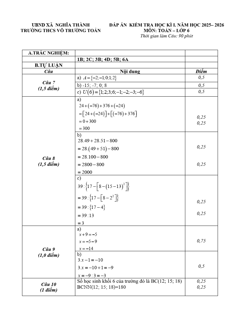 Đề thi Học kì 1 Toán 6 trường THCS Võ Trường Toản (Tp. HCM) năm 2025-2026