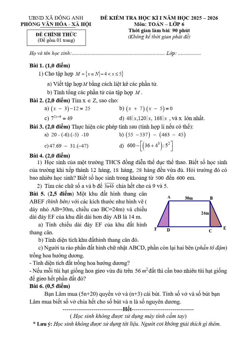 Đề thi Học kì 1 Toán 6 xã Đông Anh (Hà Nội) năm 2025-2026