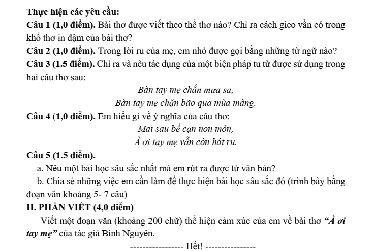 Đề thi Học kì 1 Văn 6 năm 2025-2026 trường THCS Định Công (Hà Nội)