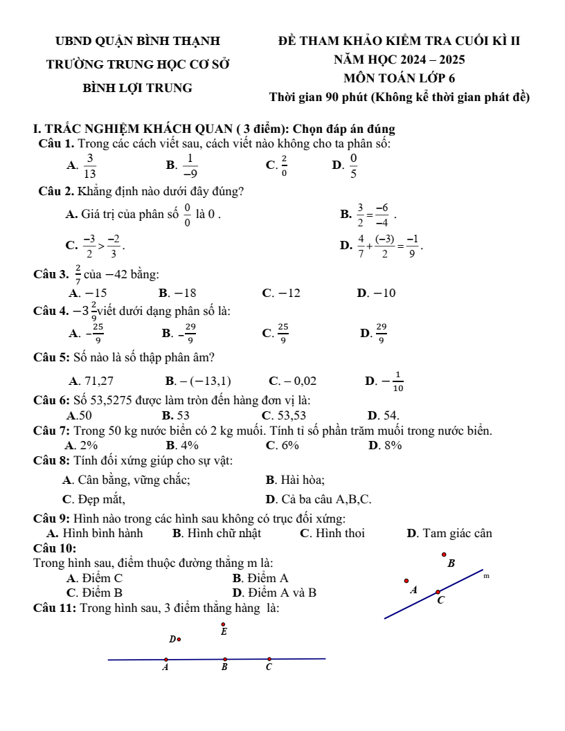 Đề thi Học kì 2 Toán 6 phòng GD&ĐT Bình Thạnh (Tp.HCM) năm 2024-2025