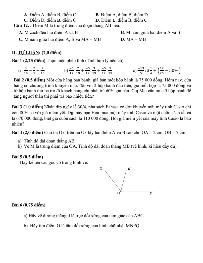 Đề thi Học kì 2 Toán 6 phòng GD&ĐT Bình Thạnh (Tp.HCM) năm 2024-2025