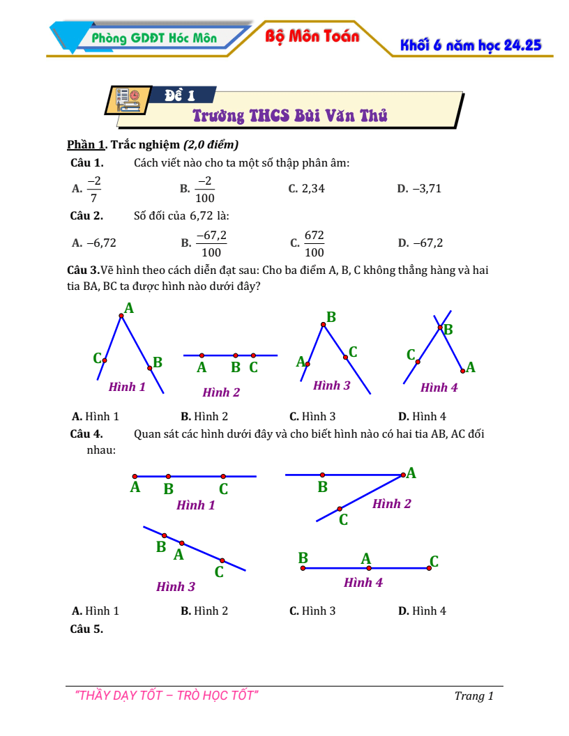 Đề thi Học kì 2 Toán 6 phòng GD&ĐT Hóc Môn (Tp.HCM) năm 2024-2025