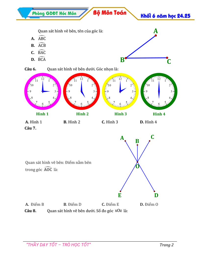 Đề thi Học kì 2 Toán 6 phòng GD&ĐT Hóc Môn (Tp.HCM) năm 2024-2025