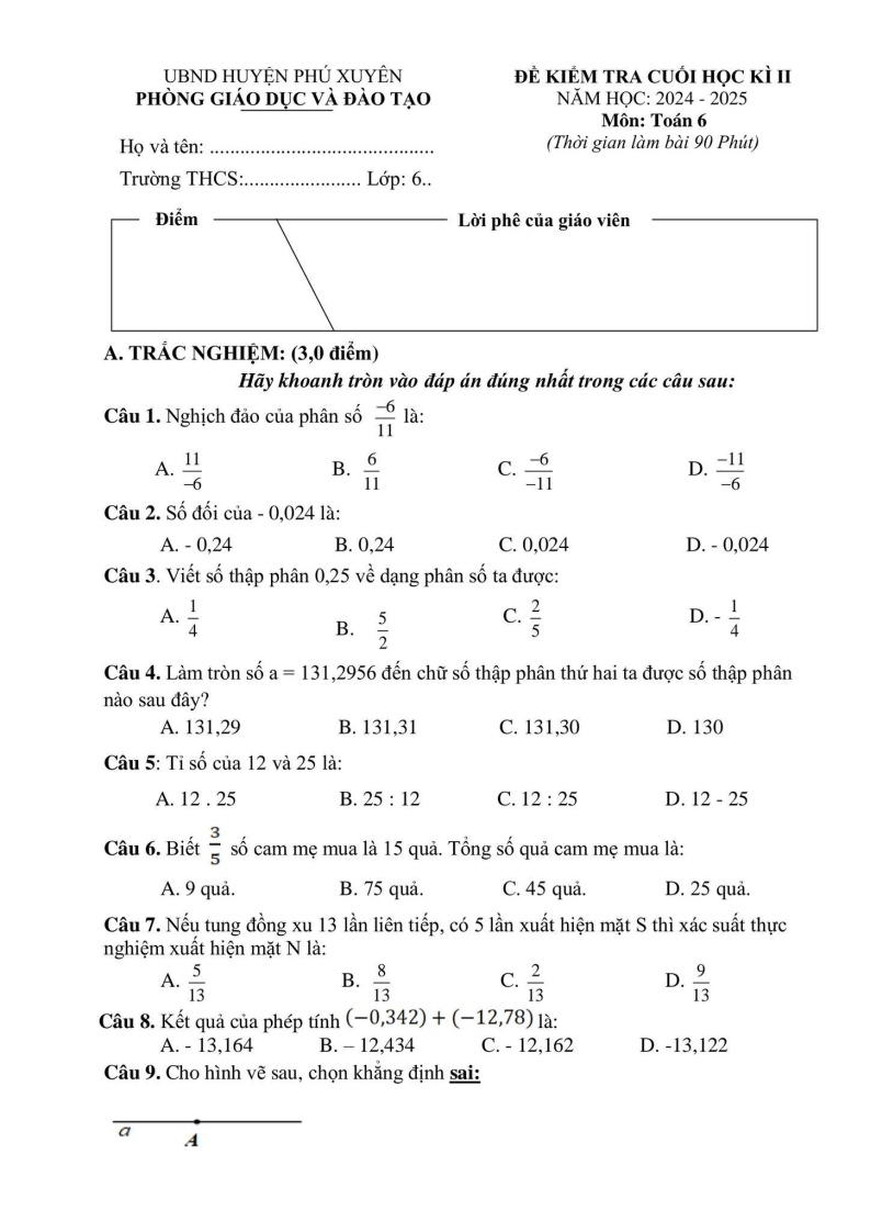 Đề thi Học kì 2 Toán 6 phòng GD&ĐT Phú Xuyên (Hà Nội) năm 2024-2025