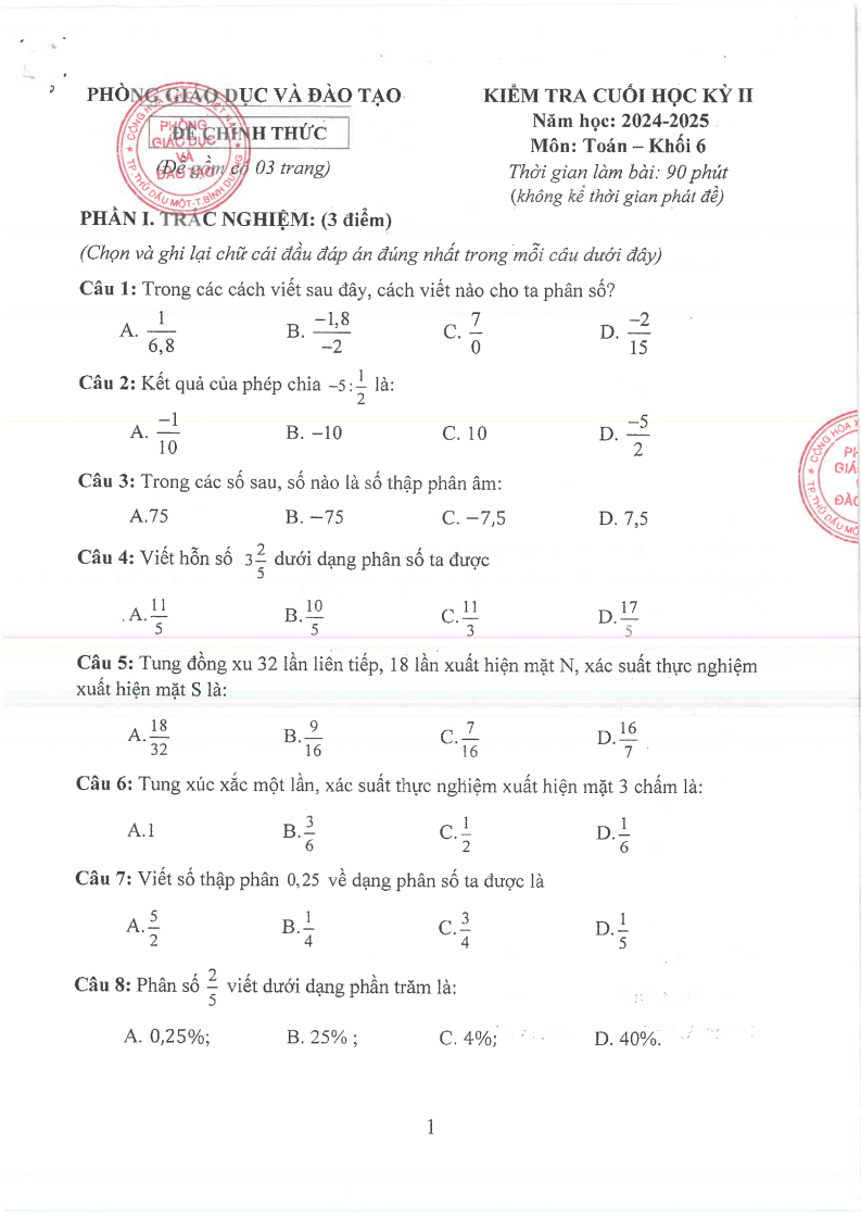 Đề thi Học kì 2 Toán 6 phòng GD&ĐT Thủ Dầu Một (Bình Dương) năm 2024-2025
