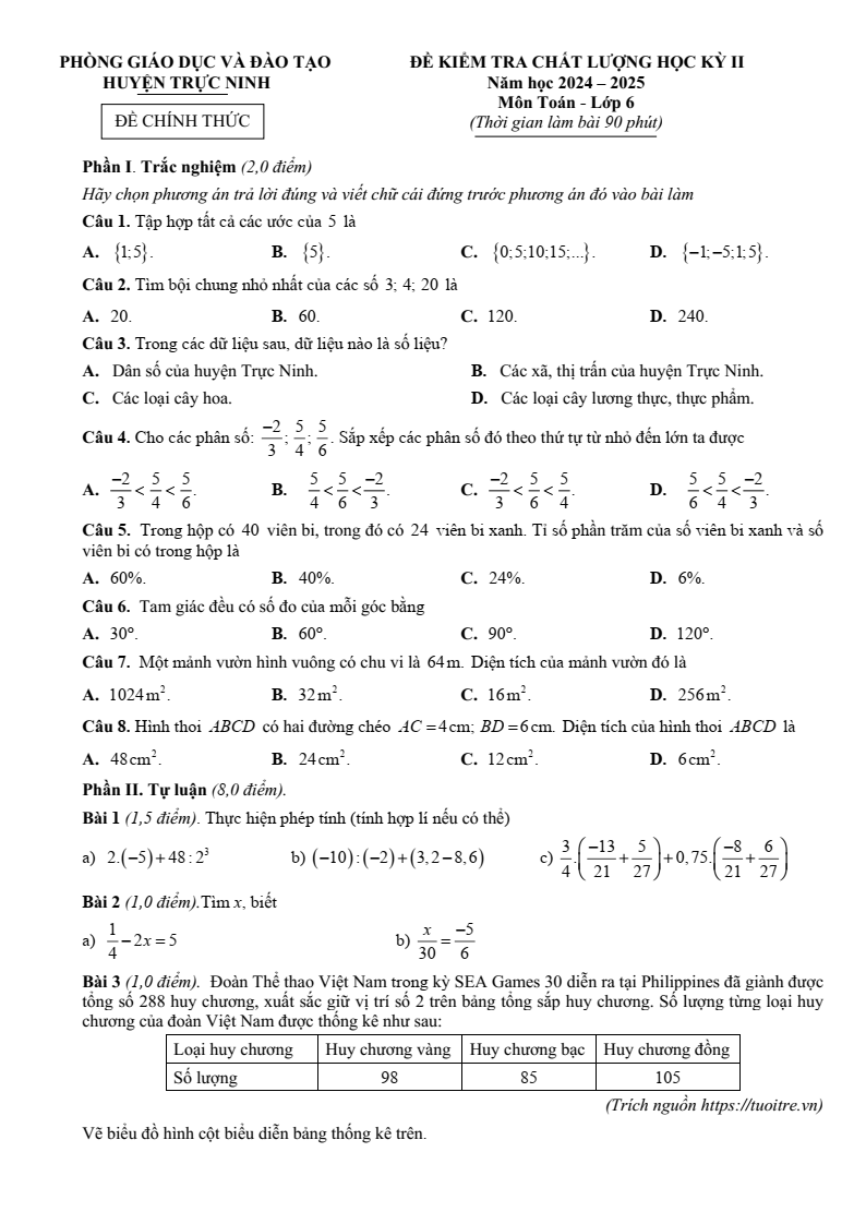 Đề thi Học kì 2 Toán 6 phòng GD&ĐT Trực Ninh (Nam Định) năm 2024-2025
