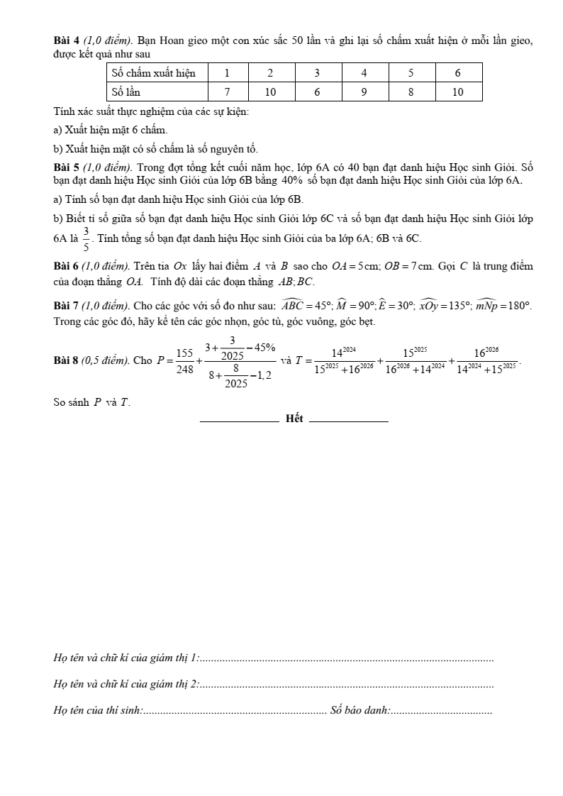 Đề thi Học kì 2 Toán 6 phòng GD&ĐT Trực Ninh (Nam Định) năm 2024-2025