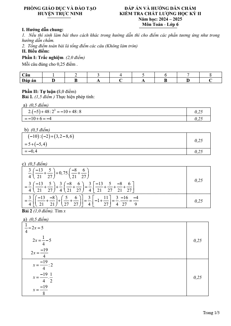 Đề thi Học kì 2 Toán 6 phòng GD&ĐT Trực Ninh (Nam Định) năm 2024-2025
