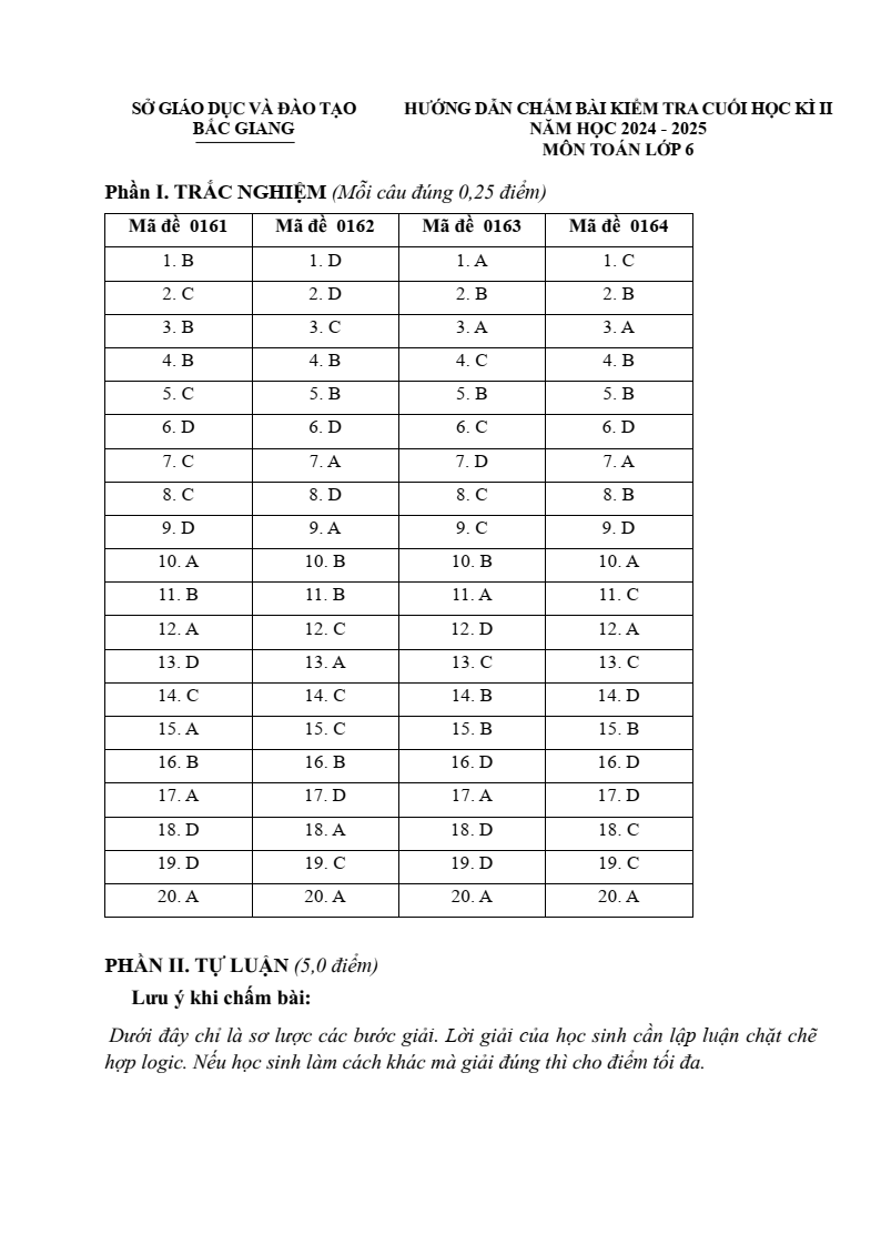 Đề thi Học kì 2 Toán 6 sở GD&ĐT Bắc Giang năm 2024-2025
