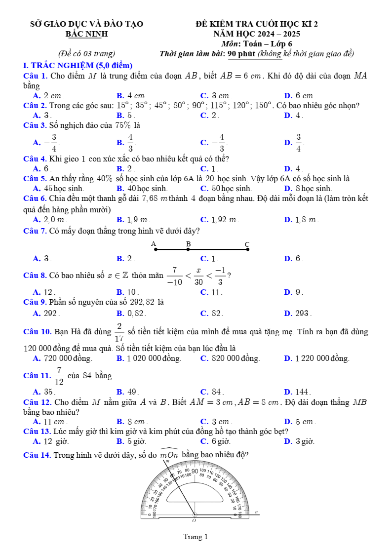 Đề thi Học kì 2 Toán 6 sở GD&ĐT Bắc Ninh năm 2024-2025