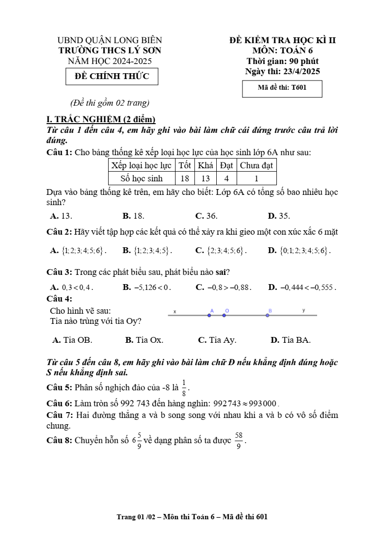 Đề thi Học kì 2 Toán 6 trường THCS Lý Sơn (Hà Nội) năm 2024-2025